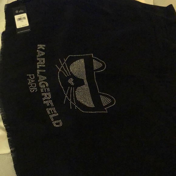 Karl Lagerfeld Black Rectangular Scarf Embellished Stud Choupette & Logo OS NWT - Picture 2 of 16